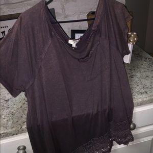 off the shoulder purple shirt
